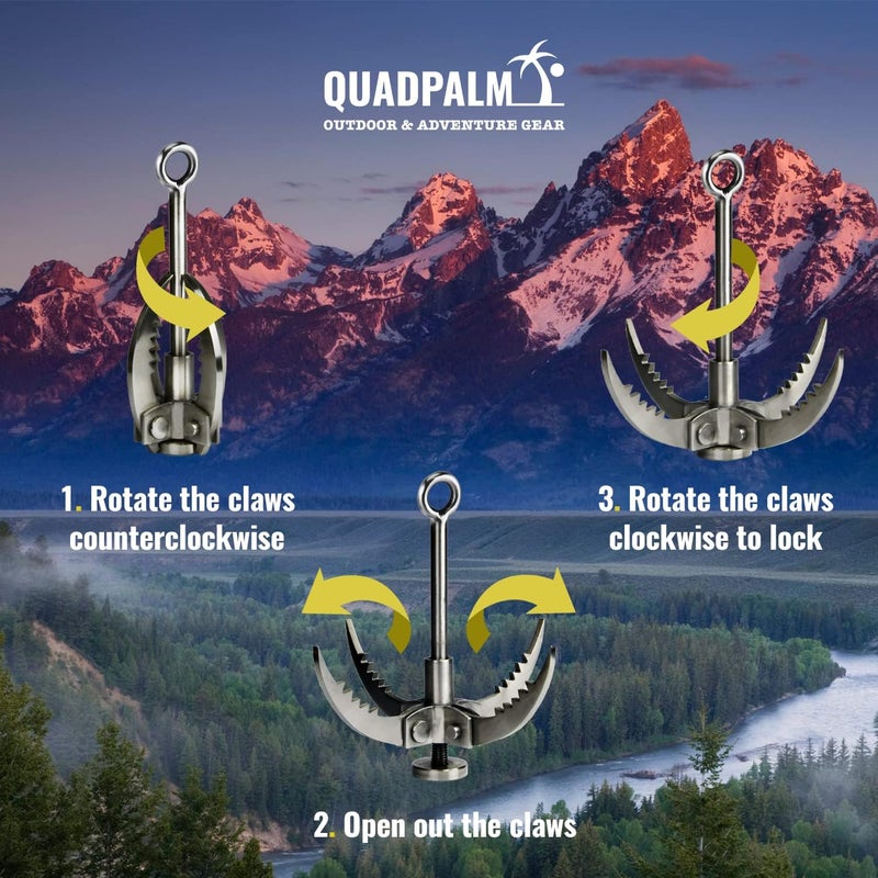 QUADPALM Grappling Hook with 10m Rope – Multifunctional Grapple Hook - 4 Stainless Steel Folding Claws - Heavy Duty - Outdoor Camping Hiking Tree Rock Mountain Climbing Equipment - Image 3